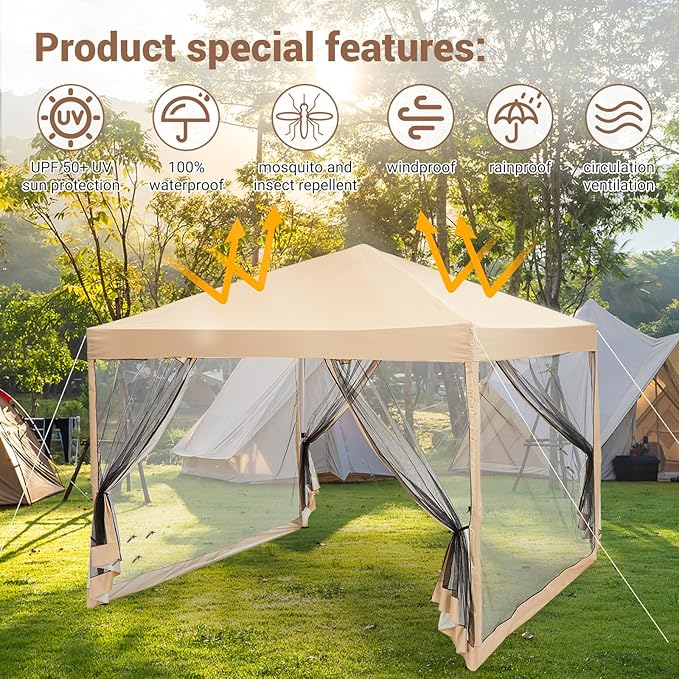 CABIHOME Quick Setup Pop Up Canopy Tent 10x10ft – Waterproof Outdoor Gazebo Shelter with Mesh Sidewalls &amp Mosquito Netting Portable Folding Tent for Camping Patio Backyard Events