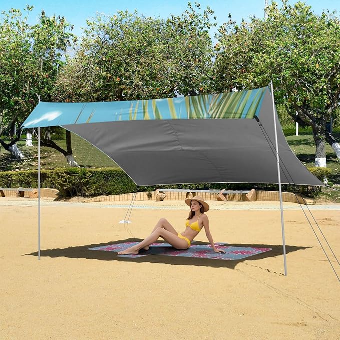 Sunny Beach Scene Beach Tent Sun Shelter 9.2' x 10.5' Beach Canopy with 4 Sandbags 4 Stability Poles Sand Shovels - Tent Canopy for Beach Camping Fishing Picnics