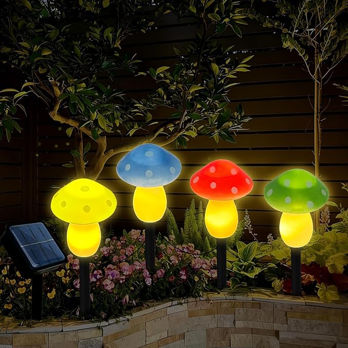 4Pcs Mushroom Solar Lights Outdoor Waterproof Fairy Houses Light Mushroom Garden Decor Decorative Solar Powered Garden Stake Lights for Outside Lawn Walkway Patio Yard (Red/Yellow/Green/Blue)