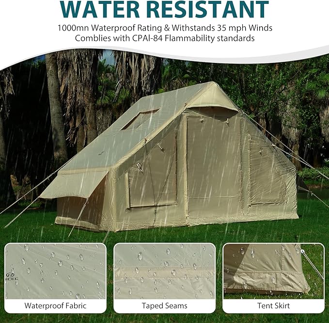Nice C Inflatable Tent for Camping Glamping Tent for Adults Blow Up Tents with Air Pump 2-in-1 Air Valve Chimney Opening Waterproof Windproof Easy Set Up