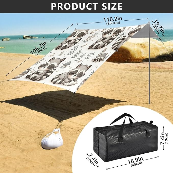 ALAZA Cute Raccoon Flowers Beach Tent Sun Shelter UPF50+ Protection Beach Shade Canopy w/ 4 Sandbags for Outdoor Camping Fishing Backyard Fun Picnic 10x9 ft