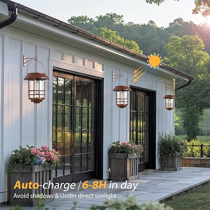Otdair Solar Lanterns Outdoor Waterproof 2 Pack Flickering Flames Wall Garden Decor with Glass Shade Hanging Solar Lights Wall Mount Decorations for Halloween Front Porch Patio Yard Bronze