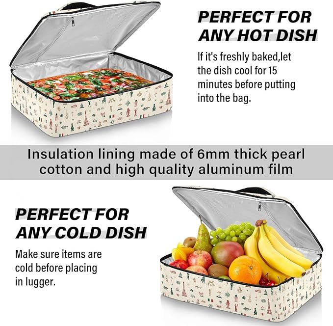Casserole Carrier Red and Green Italian PatternInsulated Casserole Carrier for Hot or Cold Food Thermal Lunch Tote for Potluck Parties Picnic Beach Fits 9 x 13 Inches Baking Dish