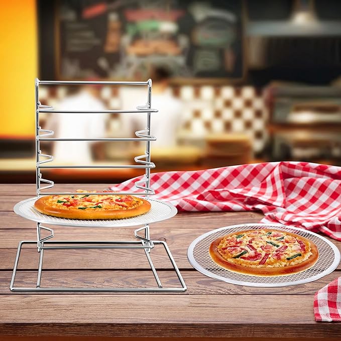 Zhehao Pizza Rack 6 Tiered Stand 13.4'' H x 12'' L x 12'' W and 6 Pcs 12'' Pans with Holes Aluminum Baking Set for Easy Storage and Baking Multiple Pizzas