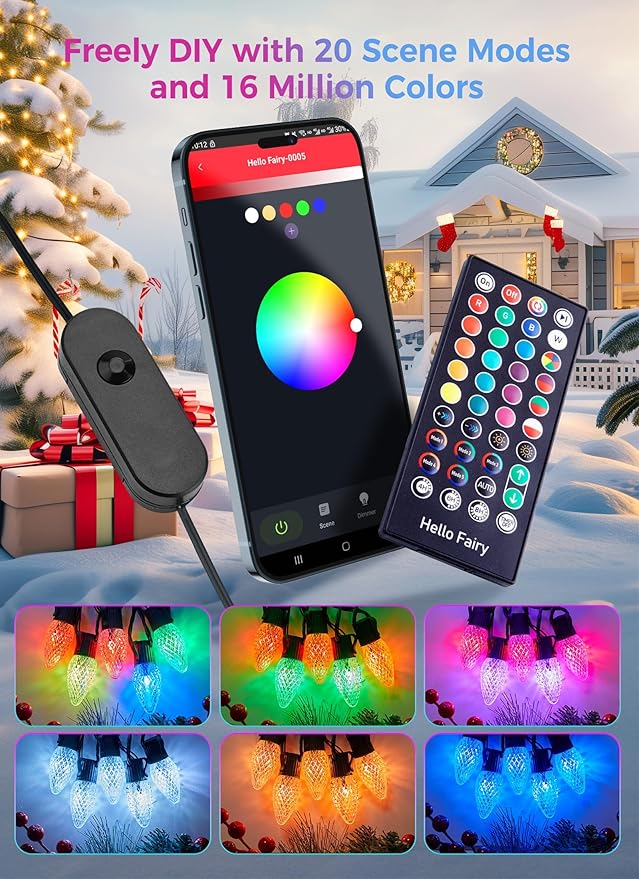 Brightown Smart C9 LED Christmas Lights Outdoor House 50Ft 75 LED RGB Christmas Pathway Lights with 58 Preset Modes App or Remote Control Music Sync Memory and Timer Function for Indoor/Outside