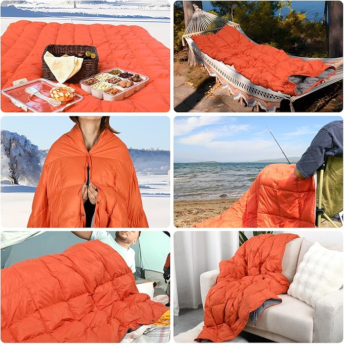 Down Camping Blanket - Lightweight Packable Warm &amp Puffy Outdoor Travel Quilt for Sleep Hiking Backpacking Stadium Festivals Water-Resistant Sleeping Bag 55x79