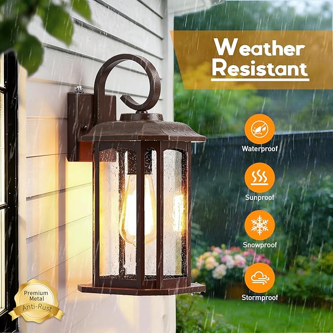 16.8'' Large Dusk to Dawn Outdoor Wall Lights Brown Exterior Lighting Fixtures Wall Sconce with Seeded Glass Waterproof Front Porch Light Outside Lantern for House Patio Garage 1Pack