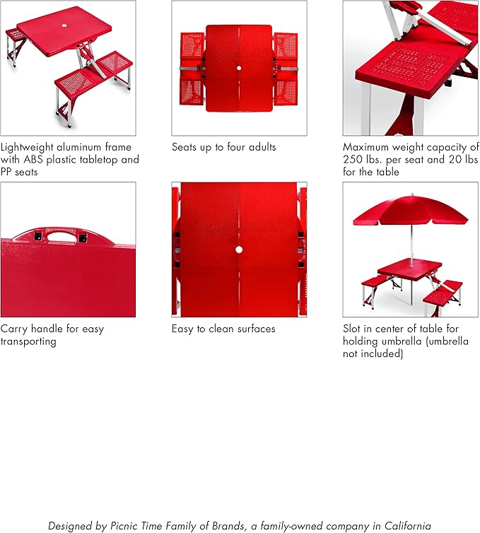 PICNIC TIME Disney Minnie Mouse Folding Picnic Table with Seats Collapsible Aluminum Table and Bench Set with Umbrella Hole Lightweight Portable Table for Camping TravelTailgating Backyard (Red)