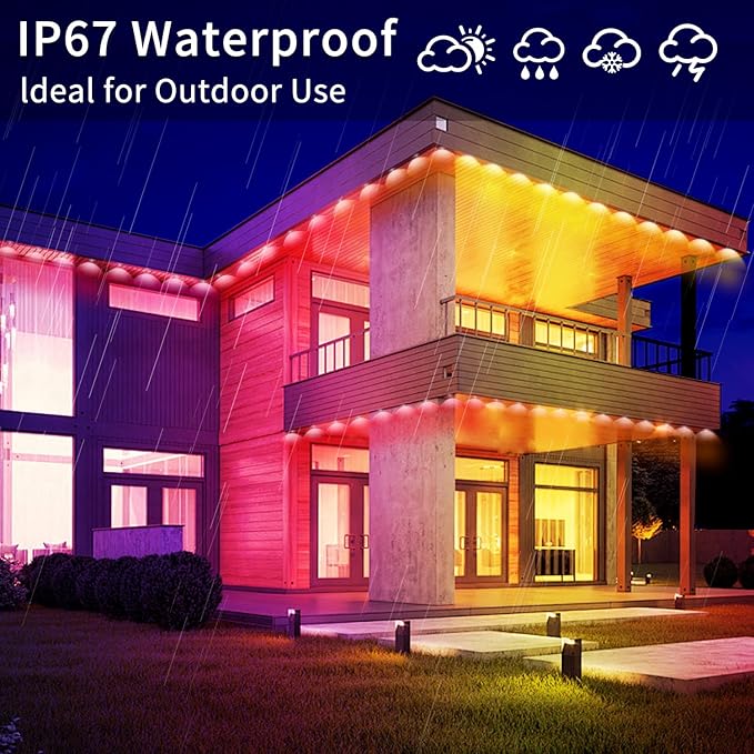 60FT Permanent Outdoor RGB LightsWaterproof Smart LED Eaves LightsPermanent Outdoor Light with App/Remote ControlMusic synchronisationfor HouseHalloweenRoofGardenChristmas Decorations