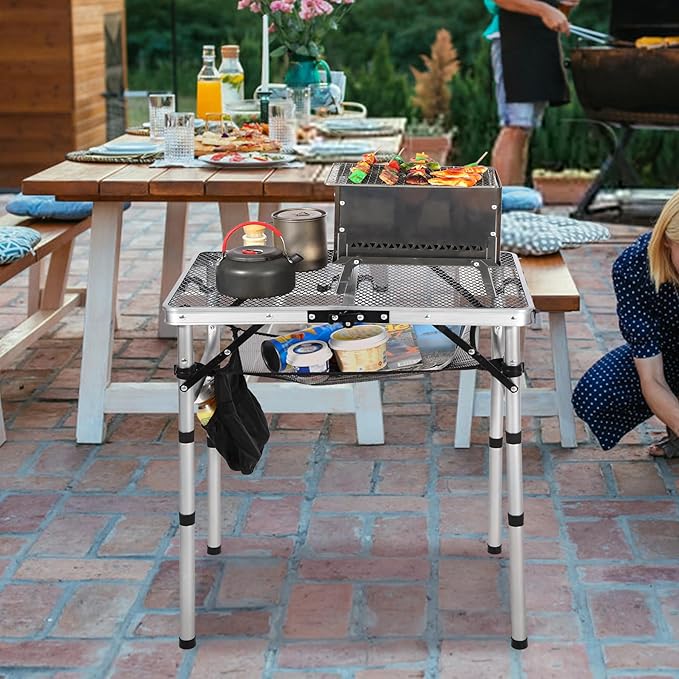 RedSwing Folding Grill Table Lightweight Height Adjustable Aluminum Table with Mesh Desktop and Mesh Bag for Outdoor Camping Picnic BBQ 2 Feet Sliver