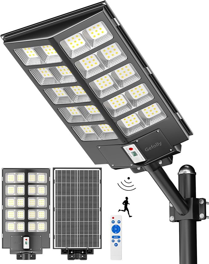 Gefolly SL-6200W Solar Street Light Outdoor Wide Angle Commercial Parking Lot Lights Dusk to Dawn 6500K Flood Security Light IP67 Lamp for Basketball Court Yard