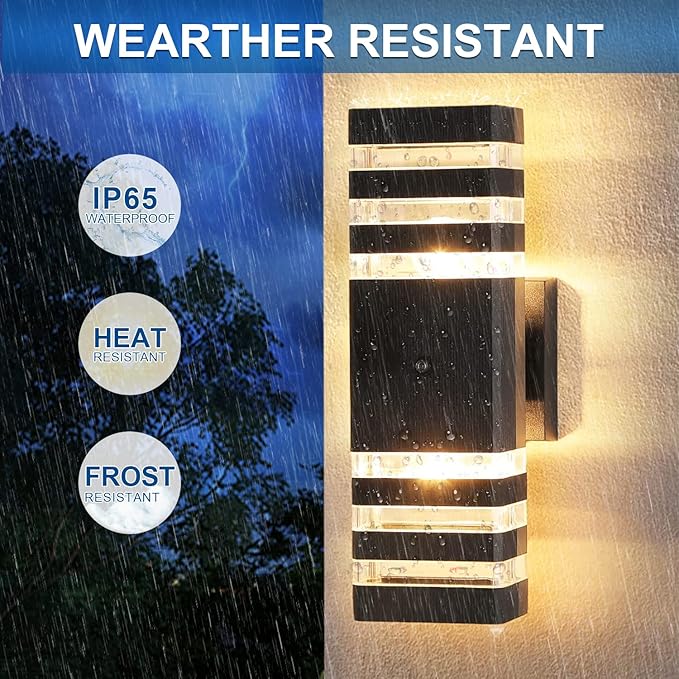 2PK Dusk to Dawn Sensor Outdoor Wall Lights Up Down Porch Lights Modern Exterior Light Fixtures Photocell Waterproof Black Aluminum Housing for Front Porch Patio Garage (Use Two E26 Bulbs)