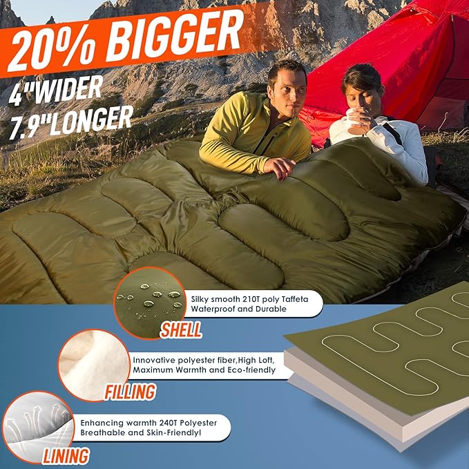 MEREZA Double Sleeping Bag for Adults Mens with Pillow XL Queen Size Two Person Sleeping Bag for All Season Camping Hiking Backpacking 2 Person Sleeping Bags for Cold Weather &amp Warm