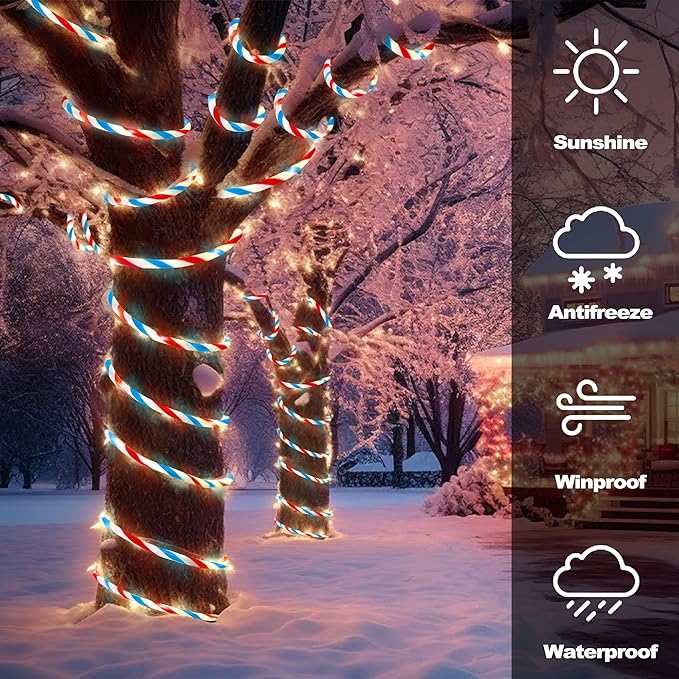 Toodour Christmas Candy Cane Lights 50ft 360 LED Candy Cane Rope Lights Outdoor with 8 Modes Connectable Timer Waterproof Red White Blue Christmas Light for Garden Patio Bedroom Party Xmas Decor