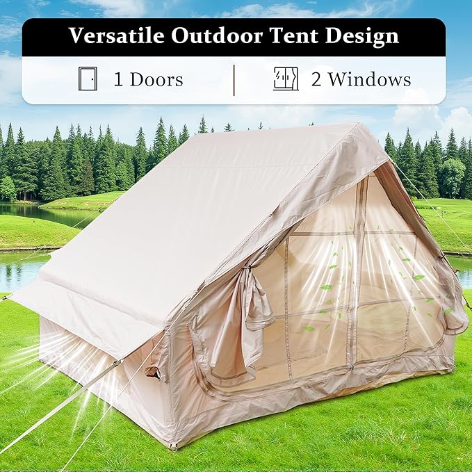 Inflatable Tent Camping Shelter Pump Included 4 Season Oxford Cloth Cabin Style Glamping House Dual Door 12 Mesh Window Ventilation Portable Carry Bag Family Outdoor Basecamp 4-6 People