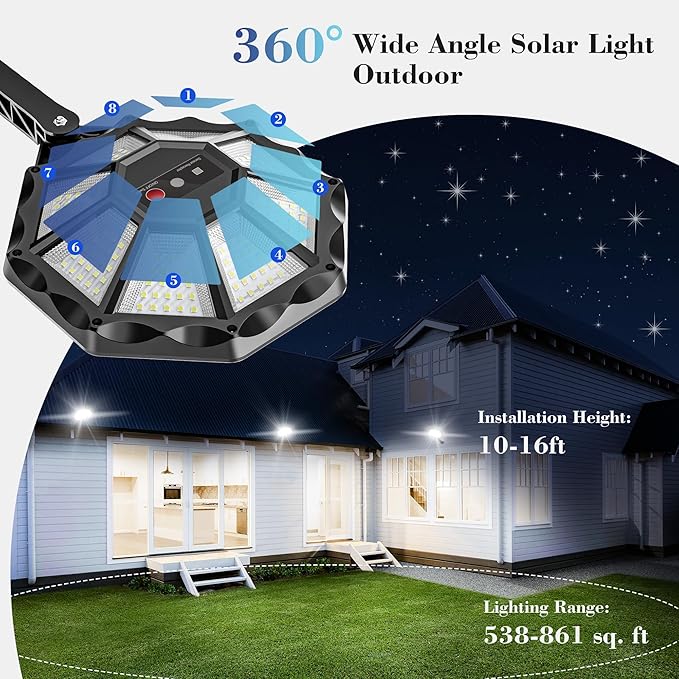 Solar Lights Outdoor - 6500K Solar Street Lights Outdoor Motion Sensor&ampDusk to Dawn Flood Light 168LED 8 Sides 360°Wide Angle Security Flood Light IP66 Waterproof with Remote for Yard/Pool(2 P