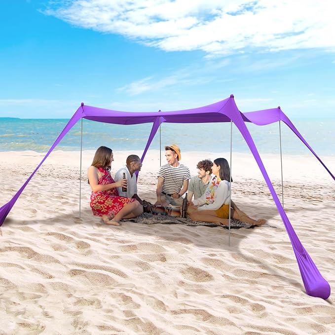 BOTINDO Family Beach Tent Canopy Sun Shade Pop Up Grande Beach Tent Sun Shelter Stability 4 Poles with Portable Carry Bag Outdoor Shade for Fishing Backyard Camping (Purple 10x10FT 4Pole)
