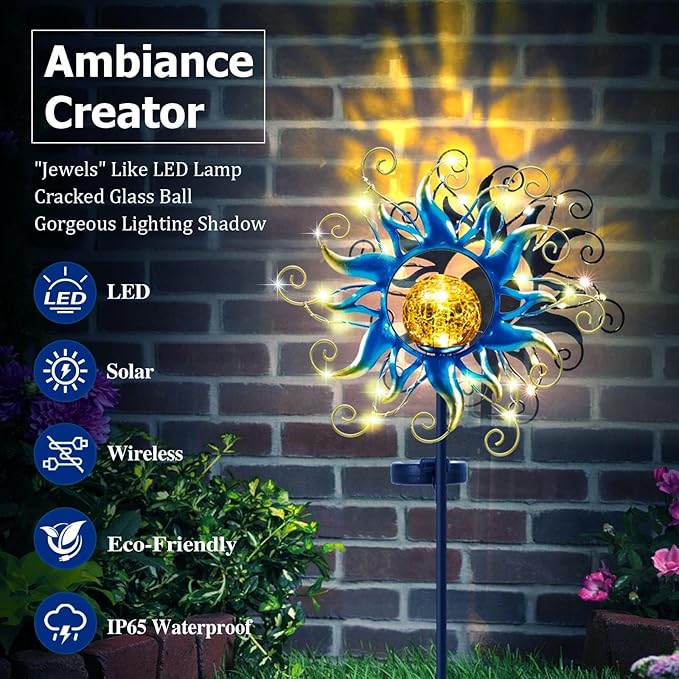 Solar Lights Outdoor Garden Decor Blue Metal Sun Crackle Glass Globe Stake Waterproof 30LED Decorations Unique Gifts for WomenMomOutside PatioLawnYardPathway