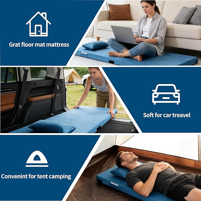 3 Inch Memory Foam Camping Mattress Pad Dual Layer Thick Sleeping Camp Mat for Sleepover Car Tent Portable Roll Up Mattress for Adults with Travel Bag