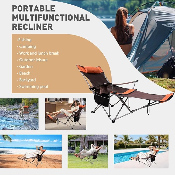 Reclining Camping Chair with Removable Footrest Adjustable Camping Lounge Beach Chair with Padded Headrest Cup Holder &amp Carry Bag Camp Chair with Foot Rest Lawn Chair for Outdoor Patio Orange