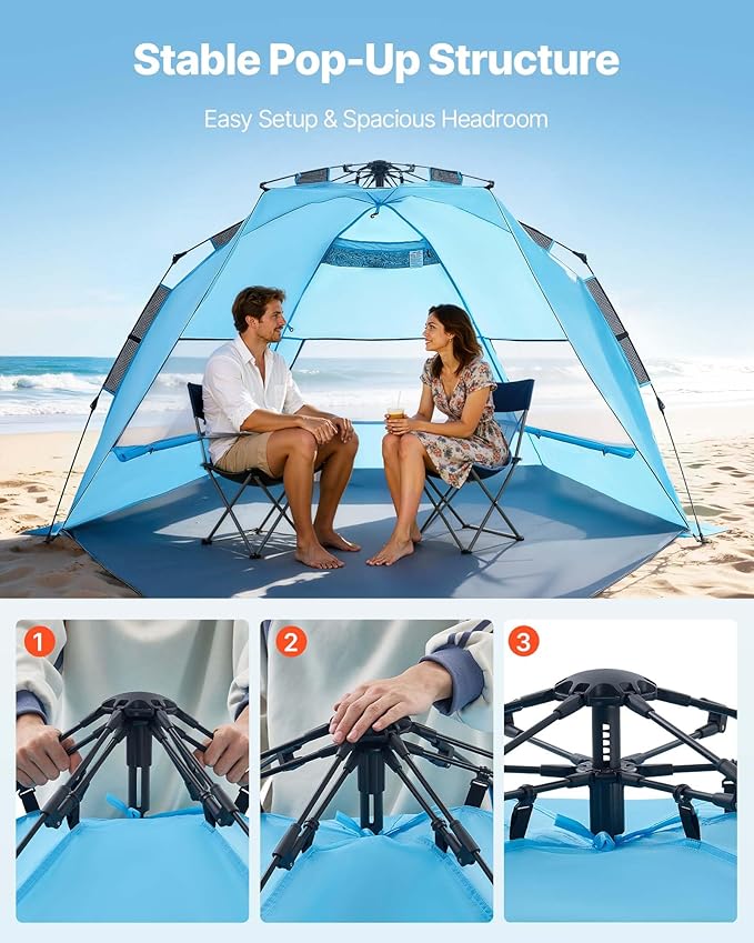 VEVOR Beach Tent Sun Shelter for 4 Person Pop Up Beach Tent UPF 50+ Portable Sun Shade Beach with Carrying Bag and Sand Pockets Easy Setup Umbrella for Camping Fishing Outdoor Picnic
