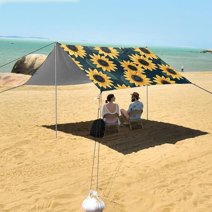 Bolaz Beach Canopy Tent Sun Shade9'×10.5' Large Family Beach Shade UPF50+- Outdoor Shade for Camping Trips FishingYellow Sunflower Flower Pattern
