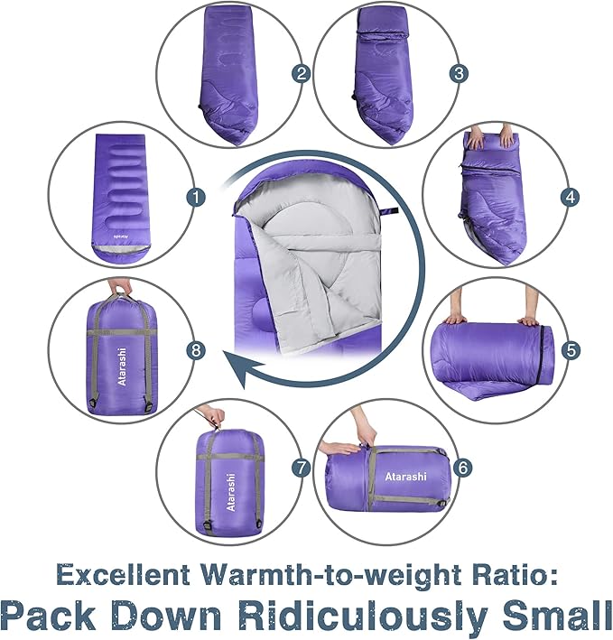Atarashi Camping Sleeping Bag- 4 Seasons for Adults Light Warm Extra-Large with Compression Sack- Great for Hiking Backpacking &amp Outdoor Adventures