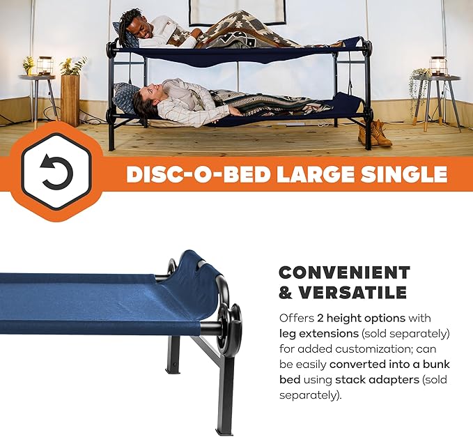 Disc-O-Bed Large Outdoor Modular 1 Person Single Camping Cot Portable Bed for Adults Sleep Solution for Tents Navy