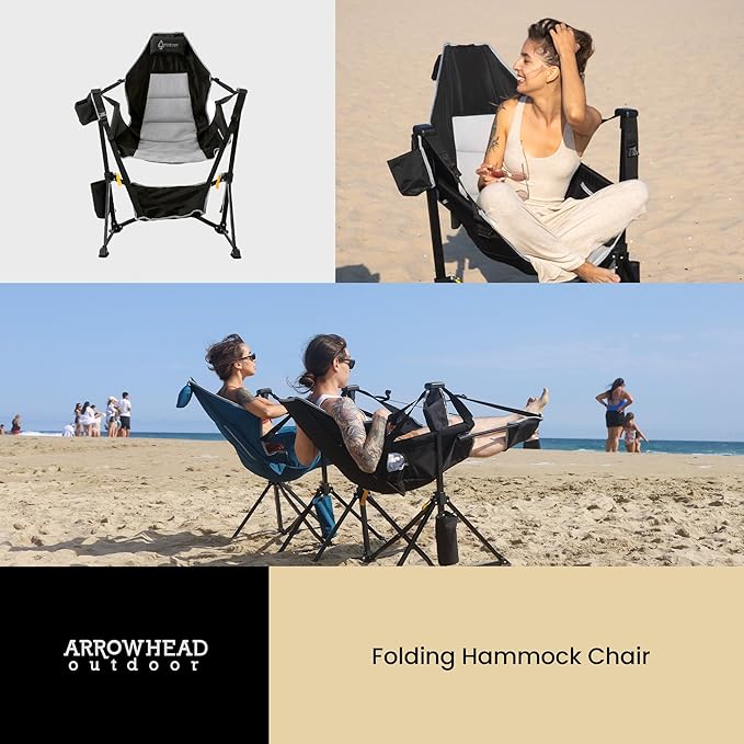 2-Pack Arrowhead Outdoor Folding Hammock Camp Chair with Detachable Footrest Stabilized Feet Padded Headrest and Seat Large Cup Holders 300 LBS Weight Capacity for Camping Beach Tailgating