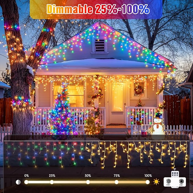 JMEXSUSS Color Changing Outdoor Waterproof Icicle Lights 400 LED with Remote Warm White to Multicolor for Christmas Eaves Party Decorations