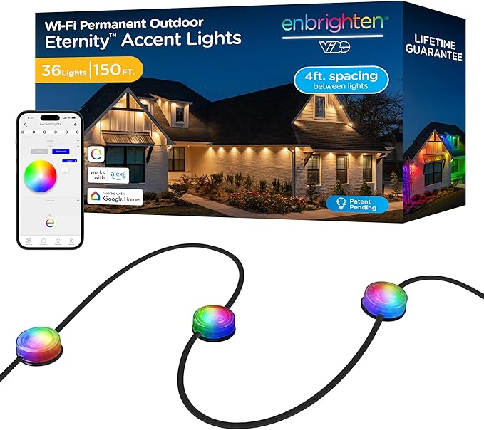 Enbrighten Vibe Eternity Accent Permanent Outdoor Lights for House 150ft 36 RGBWIC LEDs Wide Spacing 94lm Tunable White Everyday Eave Lighting Smart App Works with Alexa Google Home 85716