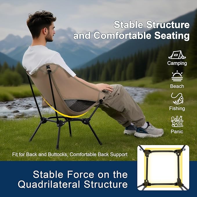 Camping Chair Portable Lightweight Camping Chairs for Adults Foldable 600D Oxford Ultralight Backpacking Chair with Breathable Mesh and Pocket for Outdoor Travel HikingBeige