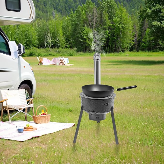 Multifunction Wood Burning Stove With Grill Rack Camping Wood Stove Large Charcoal Grill With Grill Rack For Outdoor/Backyard Cooking Picnic And Barbecue. (Carbon Black-19in+ 3 Wok Rings)