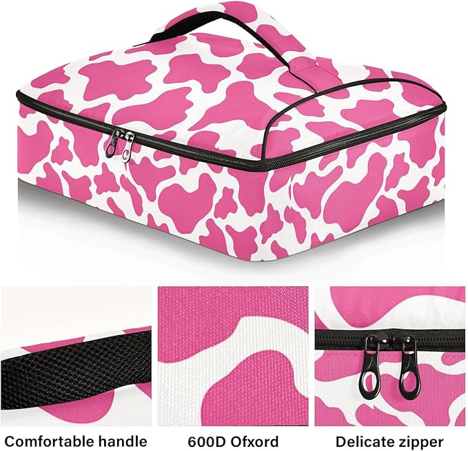 Casserole Carrier Pinkish and White Cow Print PatternInsulated Casserole Carrier for Hot or Cold Food Thermal Lunch Tote for Potluck Parties Picnic Beach Fits 9 x 13 Inches Baking Dish