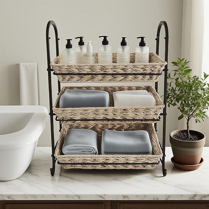 Stackable Candy Display Rack with Rattan |Stackable Candy Organizer|Multi-Function Snack Rack&ampShelf for Chips |Perfect Display Solution for Stores (Brown Large)