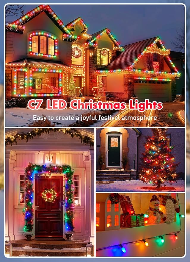 Multicolor C7 LED Christmas Lights Outdoor 50FT Colorful Christmas String Lights with 50+2 Plastic Bulbs Traditional Hanging Holiday Lights for Christmas Tree Patio Fence Roofline Xmas Decorations