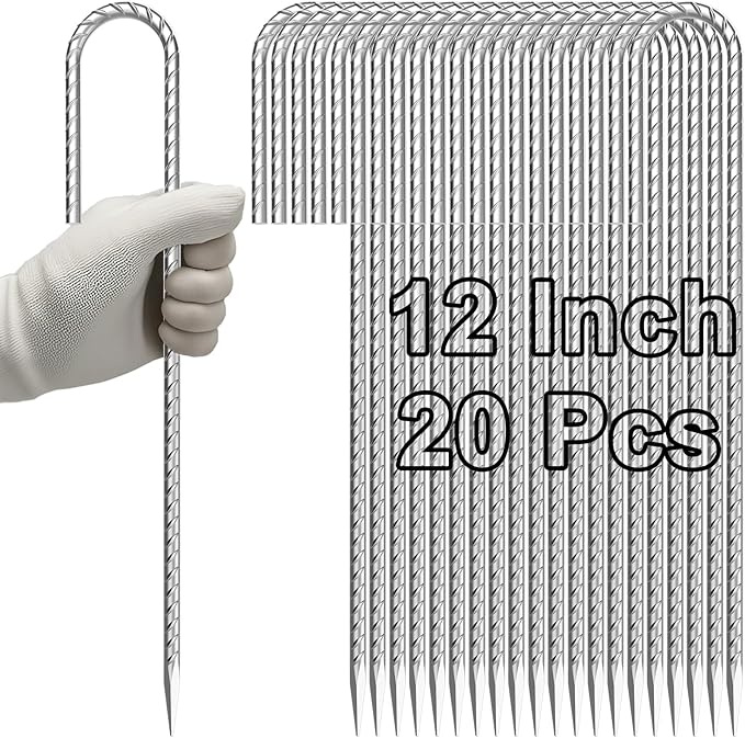 VVOKGO Rebar-Stakes-12-Inch J Hook Galvanized Tent Stakes Heavy Duty 20-Pack Ground Chain Link Fence Anchors with Chisel Point End for Bounce House Camping Tents Outdoor Inflatables Decorations