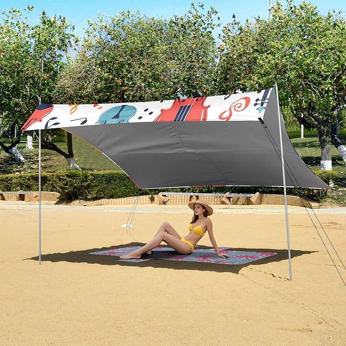 Colorful Seamless Pattern with Violins and Notes Camping Sun Shelter Beach Tent Portable Beach Sun Shade Outdoor Canopy for Camping Trips Fishing Picnic