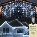 KNONEW 99FT 1216 LED Christmas Lights Outdoor Decorations 8 Modes White Curtain String Light with 228 Drops Clear Wire LED String Light Indoor Decor for Wedding Party Holiday Christmas