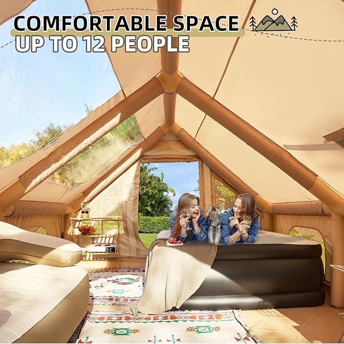 YOLENY 13x10FT Inflatable Camping Tent with Stove Jack &amp Mesh Windows &amp Pump 6-8 Person Glamping Tents with Clear Skylight 300D Oxford Waterproof Easy Setup 4 Season Windproof