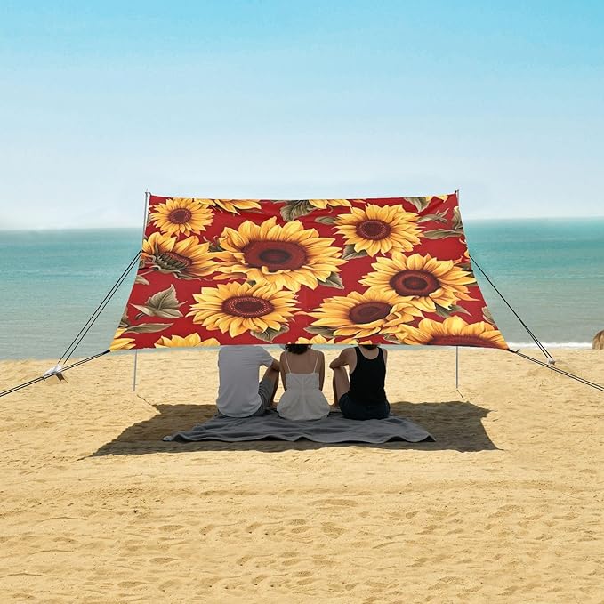 Sunflower Red Beach Tent Sun Shelter 9.2' x 10.5' Beach Canopy with 4 Sandbags 4 Stability Poles Sand Shovels - Tent Canopy for Beach Camping Fishing Picnics