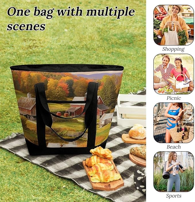 Insulated Shopping BagLarge Reusable Cooler Bags Country Farm Printed Foldable Shopping BagTravel Waterproof Shoulder Bag