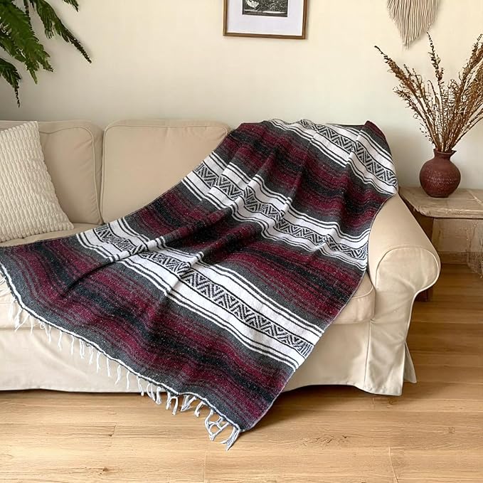 Authentic Handwoven Mexican Blanket Falsa Serape - Soft &amp Durable - Vibrant Beach Picnic Yoga &amp Camping Mat - Traditional Boho Throw - Outdoor Blanket 70x50 (Rust)