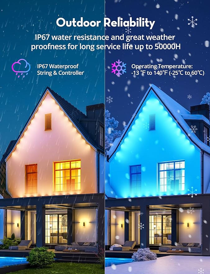 RGB+IC Permanent Outdoor Lights 100Ft Smart Eave Lights String Lights IP67 Waterproof for House Garden Christmas Decor Birthday Gift with Alexa Google Assistant APP/Remote Control