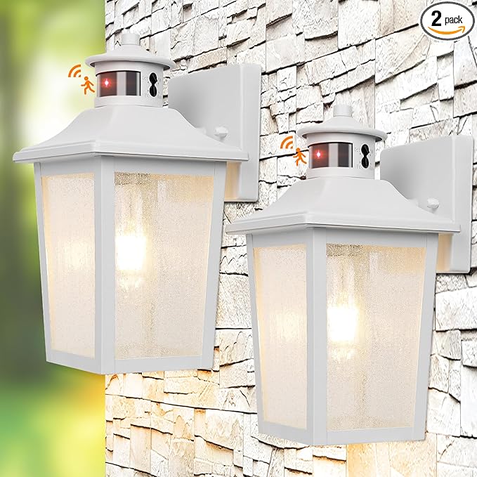 White Motion Sensor Outdoor Wall Light 2 Packs Dusk to Dawn Outdoor Wall Lighting Waterproof Exterior Light Fixture Modern Porch Light Outside Wall Mount for House Patio Garage Anti-Rust