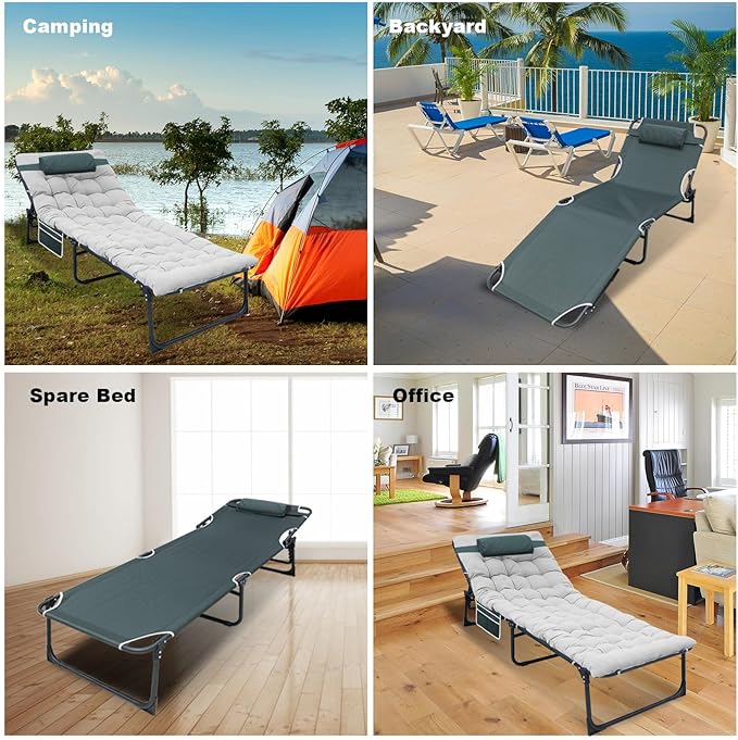 YELLOW JACKET Folding Camping Cot for Adults Adjustable 5-Position Portable Sleeping Cot Bed with Pillow and Removable Mattress Reclining Foldable Camp Cots for OutdoorHomeBeachPatioGrey