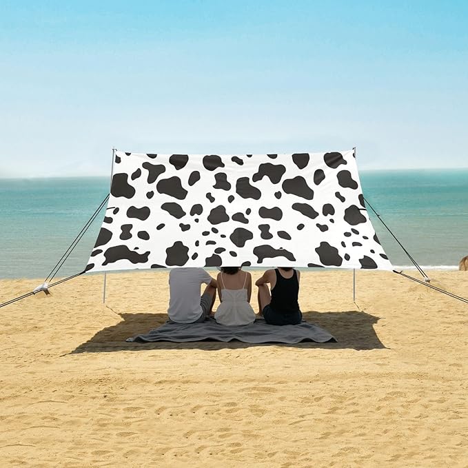 Cow Spots Pattern Beach Tent Sun Shelter 9.2' x 10.5' Beach Canopy with 4 Sandbags 4 Stability Poles Sand Shovels - Tent Canopy for Beach Camping Fishing Picnics