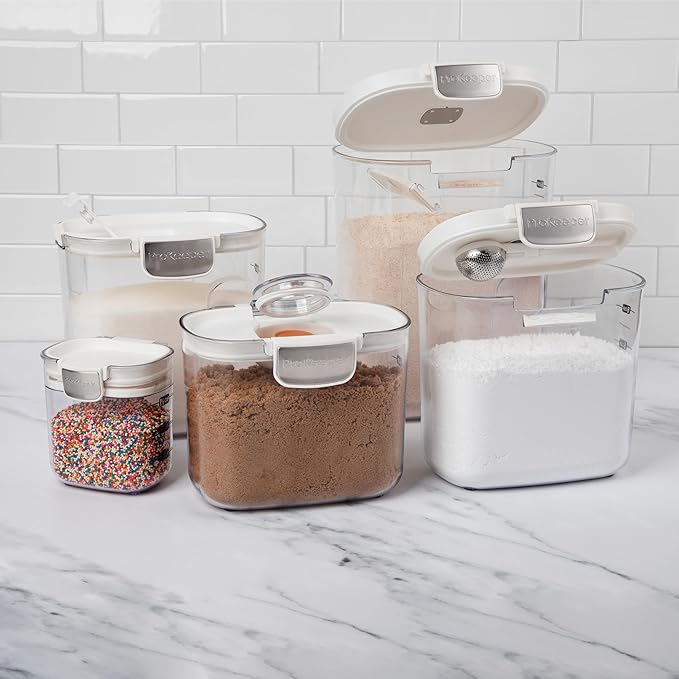 ProKeeper+ Airtight Food Storage Container Set – Clear Plastic Flour and Sugar Canister Set with Magnetic Accessories for Kitchen Organization (White 9-Piece)