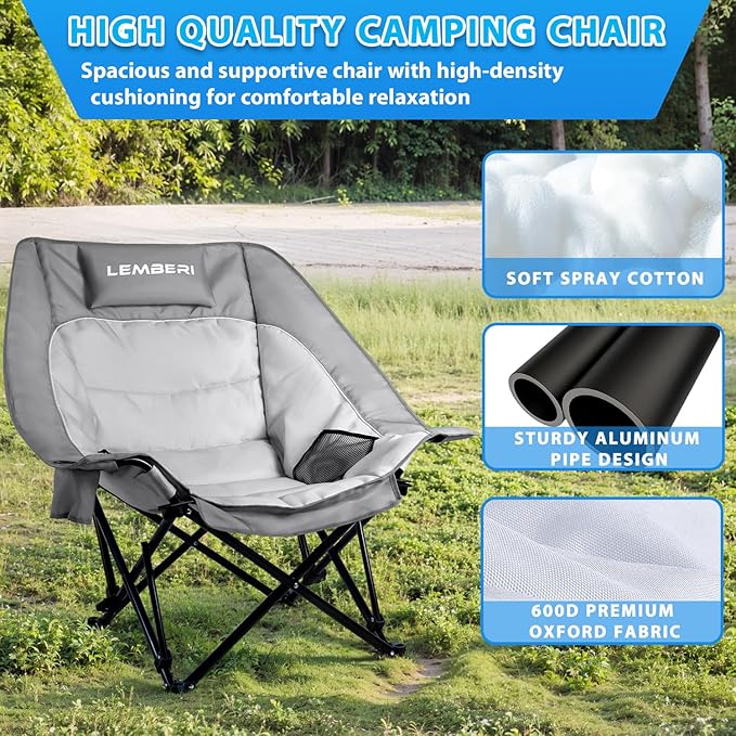 Oversized Folding Camping Chair Portable Outdoor Folding Chairs with Headrest SupportCup HolderHeavy Duty Camping Chairs for AdultsBeach FishingCamping Sportsup to 500 LBS2PC