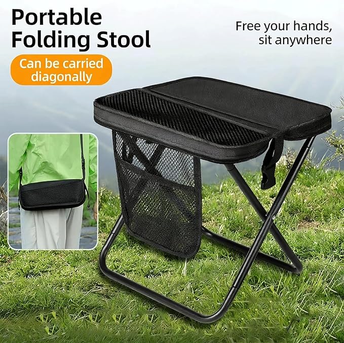 Portable Folding Stool with Storage Bag Lightweight Crossbody Design Carbon Steel Frame Mesh Side Pocket (Beige)